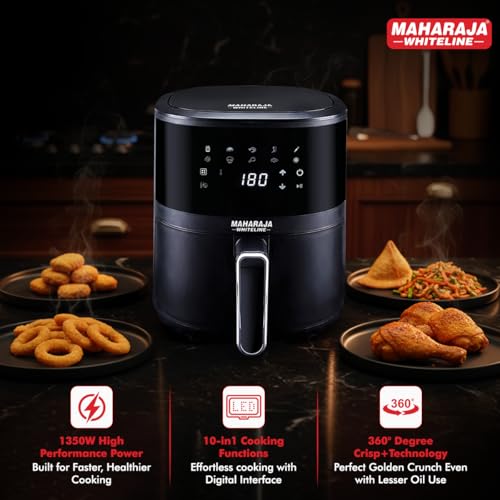 Image of Maharaja Whiteline CrispyChef Pro 1350W Digital Air Fryer (4.5L, Black) | 10-in-1 Multi-Cooking Functions | 360 Crisp Technology | Non-Stick Grill Plate | Oil-Free Healthy Cooking | 2-Year Warranty