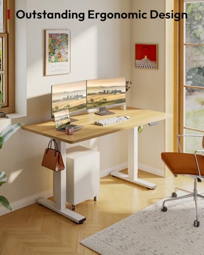 Image of SANODESK Height Adjustable Electric Standing Desk 63x24 Inches, Sit Stand Desk with Splice Board for Home Office, Ergonomic Computer Workstation, Study & Gaming, White Frame /Maple Top