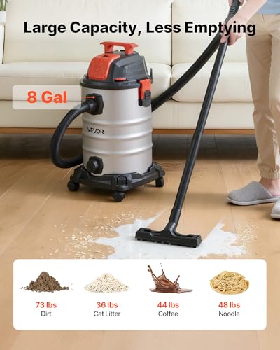 Image of VEVOR Shop Vac, 8 Gallon Wet Dry Shop Vacuum, 6 Peak HP with One-Button Self-Cleaning, Dual-Filter, 900W Input Power, 1.25in x 7ft Hose, 9.8ft Cord, Metal Tank for Jobsite, Workshop, Garage, Home