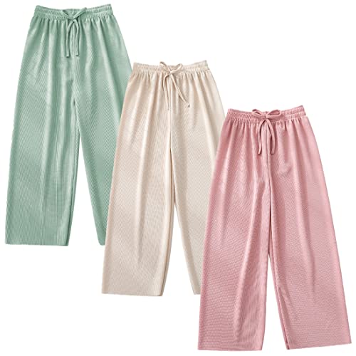 3 Pack of Little Kids Boys Girls Summer Spring Autumn Cotton Linen Printed Soft Trousers Casual Long Ankle Pants