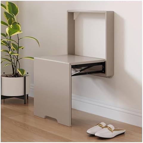 MKIOTVA Wall Mounted Hidden Wall Seat, Solid Wood Folding Bench, Shoe Changing Stool, Folding Wall Hang Balcony Stool for Living Room Bedroom Aisle Bathroom,Light Grey Cover