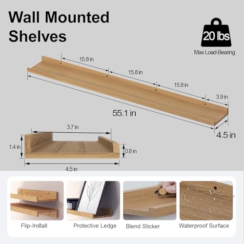 Image of Oak Floating Shelves for Wall Decor, 56 in Shelf with Lip, 2 Set | 4.5 inch Deep Display Picture Ledge Shelf, Long Wall Mounted Storage Shelves for Bedroom, Bathroom, Living Room, Kitchen, Nursery