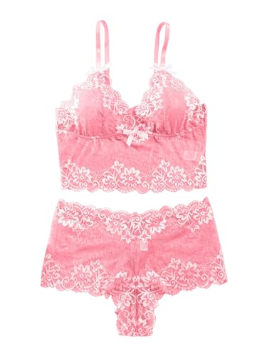 Image of Lilosy Sexy Lingerie for Women Lace Pajamas Set Cami Bra and Panty High Waist Sheer Sleepwear 2 Piece 2XS-6XL
