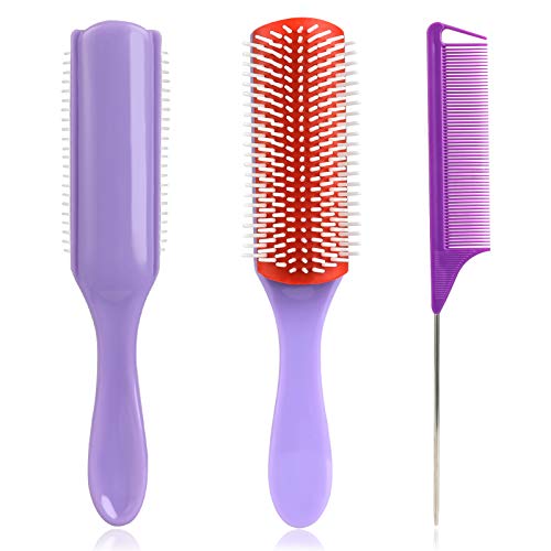 Curly Hair Brush Set for Women: 1Pcs 9-Row Nylon Cushion Brush and 1Pcs Rat Tail Comb for Home Salon Hair Styling Detangling Brush Curly Hair Brush（Purple）