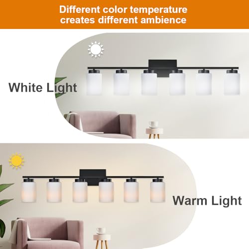 Image of 6-Light Bathroom Vanity Light with Milky White Frosted Glass,Matte Black Modern Bathroom Wall Mounter Light Fixtures Over Mirror for Living Room
