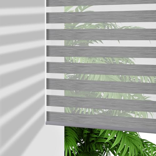Joydeco Cordless Zebra Blinds for Windows, Dual Layer Light Control Window Blinds with Light-Proof Aluminum Cover, Free-Stop Roller Shades for Home & Office (Custom Size,Gray)