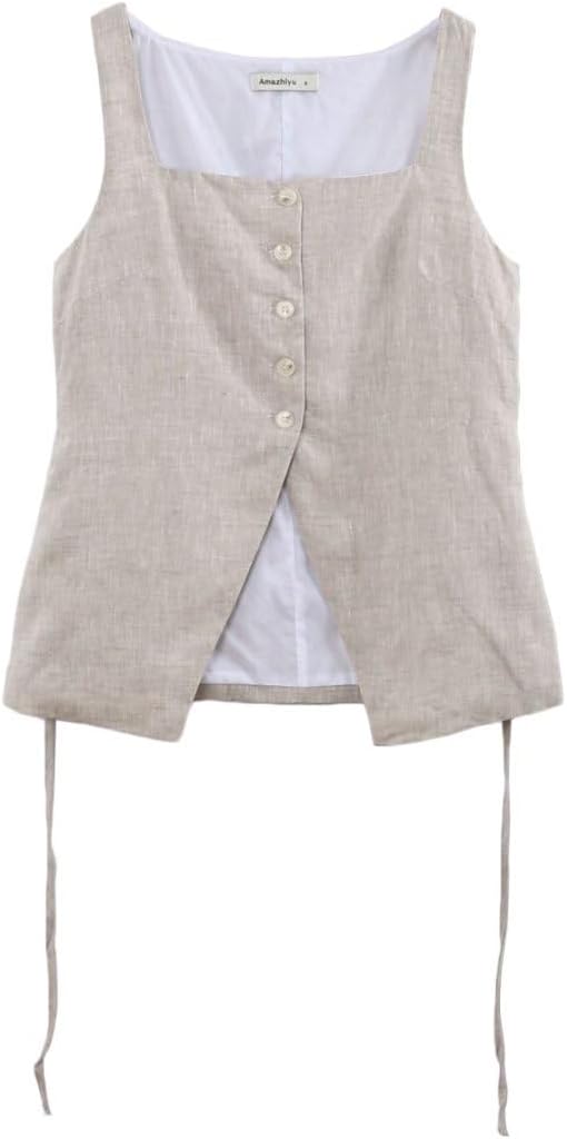 Amazhiyu Women's 100% Linen Button Up Vest Square Neck Tops Sleeveless Waistcoat - Image 4