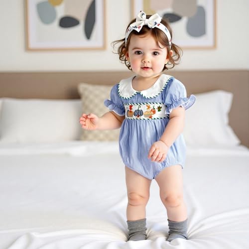 Baby Girl Halloween Outfit Pumpkin Embroidery Bubble Romper Plaid Short Sleeve Smocked Bodysuit Newborn Fall Clothes2