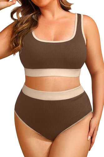 Image of Tempt Me Women Plus Size High Waisted Bikini Set Two Piece Swimsuit Full Coverage Sporty 2 Piece Bathing Suits