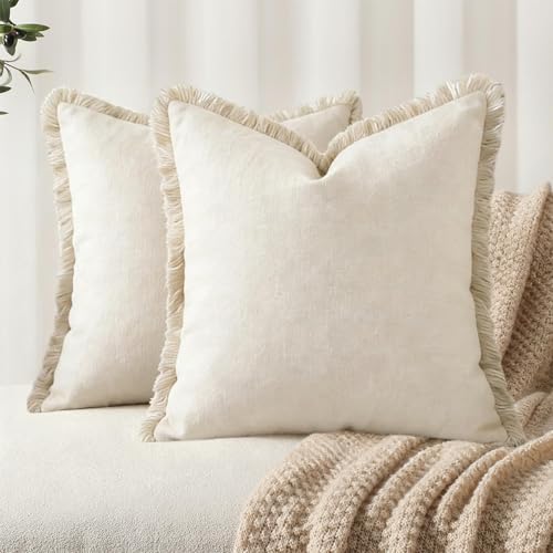 Sunshine smile 2er Set Leinen Kissenbezug mit Fransen,Boho-Kissenbezug mit Quaste 45x45 cm,Neutralen Baumwolle Quasten Kissenbezüge,Dekorative Kissenbezüge,für Sofa Sessel Zuhause Schlafzimmer
