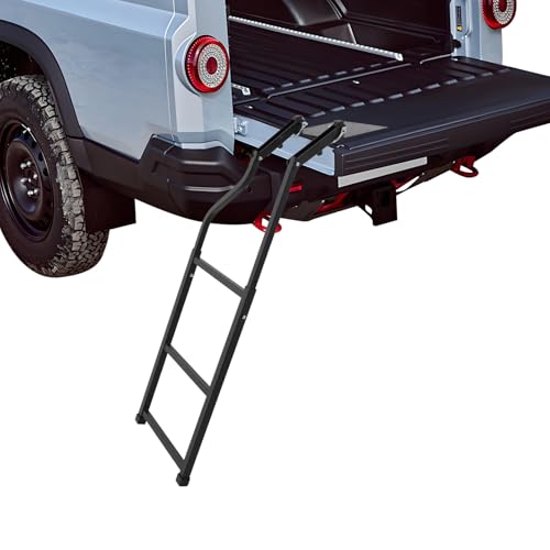 Escalera plegable para portón trasero para camionetas y camiones, puente de carga regulable en altura hasta 300 kg, escalera universal con diseño plegable, para altura trasera 70-115 cm