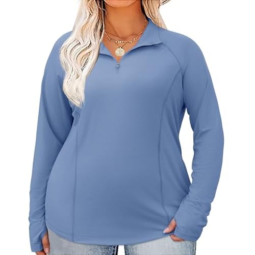 LOMON Womens Plus Size Workout Tops Long Sleeve 1/4 Zip UV Sun Protection Quick Dry Hiking Athletic Shirts Rash Guard UPF 50+