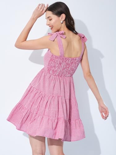 Image of Women's Gingham Checkered Summer Dress | Sleeveless A-Line Mini Dress with Shoulder Tie Straps & Button Front | Casual Picnic, Beach Wear