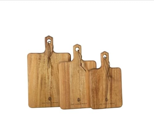 Pioneer Woman 3-Piece Acacia Wood Cutting Board Set with Handles – Rustic French Style, Food Prep & Serving Boards for Kitchen Countertop Protection