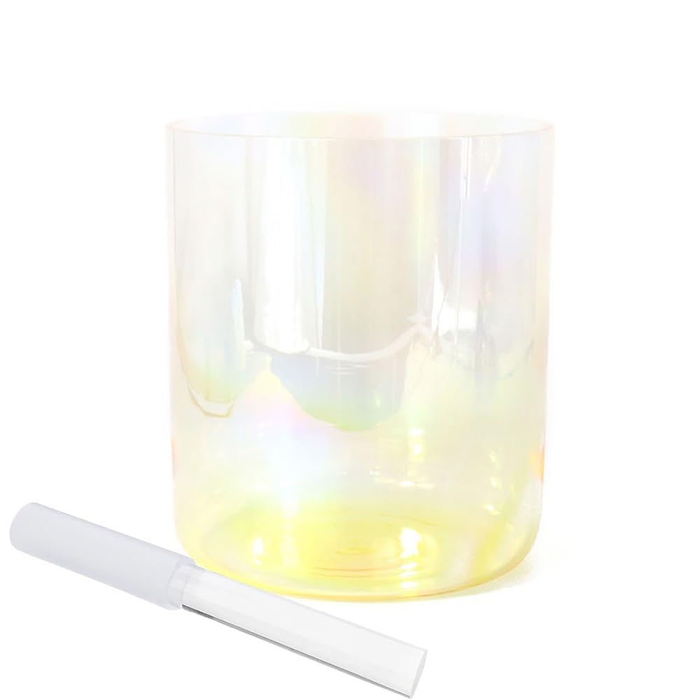 8 Zoll klare gelbe Alchemie Kristallschale Heilkristall Klangschale für Chakra mit Acryl Schlagzeug und Dichtring Geschenk für Yoga Meditation (D Note)