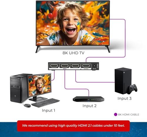 Image of OREI 8K 3-Port HDMI 2.1 Switch, 3-in 1-Out, 8K@60Hz, Manual & Auto Switch | hdmi switch with remote, hdmi switch 4k 120hz, HDR10+, Dolby Vision, VRR, ALLM, CEC, PS5 /Xbox compatible