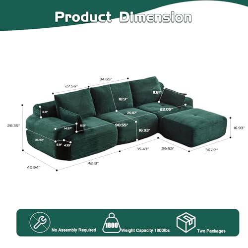 Image of L Shape Sofa Rearrangeable, Oversized Cloud Couch Sectional Modular Sofas with Detachable Ottoman, 4 Pillows and Deep Seat, Corduroy Boneless Couches Sets for Living Room, No Assembly Required, Green
