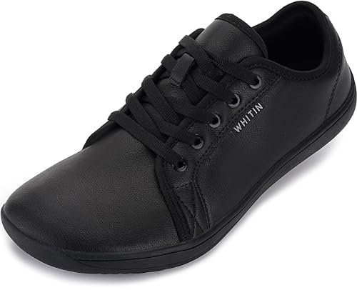 WHITIN Women's Minimalist Barefoot Shoes Size 7 Zero Drop Wide Width Toe Box Fashion Sneakers Walking Tennis Workout Lifting Leather Flat Black 38