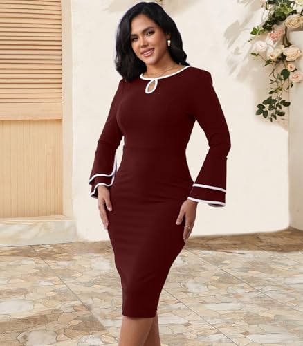 Image of ZonJie Church Dresses for Women Bell Sleeves Business Wear to Work Cocktail Party Pencil Casual Dress