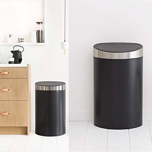 Image of Brabantia Press-Top Kitchen Trash Can with Flat Back | Steel /Black | 10.6 Gallon / 40L | Home Trash Can with Soft-Touch Stay-Open Lid & Removable Inner Bucket | Fits Flat Against Walls | + Trash Bags