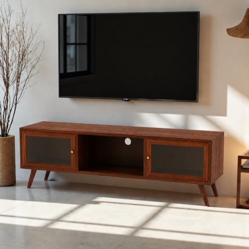 Image of The Attic Janah TV Cabinet, Solid Wood Sideboard TV Cabinet for Living Room, Wooden Free Standing TV Unit Side Board Table with Storage, Honey Finish Glass