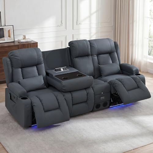 Image of URRED Power Loveseat Recliner Sofa with Massage and Heat, Wall Hugger Reclining Loveseat with Console, RV Couch Home Theater Seating with LED Lights for Living Room (Blue Grey, 89.8 inch - 3 Seats)