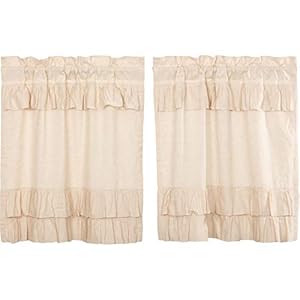 Vhc brands simple life flax natural country farmhouse kitchen window curtain ruffled tier set of 2 36×36  urban country home decor