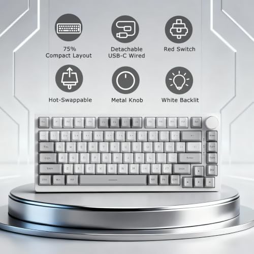 Image of AJAZZ AK820 Wired 75% Mechanical Keyboard, Red Switches, Hot-Swappable | 81key PBT Keycaps, White Backlit 20 modes, Metal Volume Knob, USB-C, Gasket Mount, 5-layer Foam, Dual Drivers Options, PC /Mac