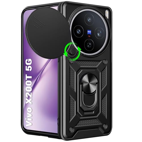 Image of TheGiftKart Tough Armor Bumper Back Cover Case for Vivo X200T 5G | Kickstand & Ring Holder | 360 Degree Protection Back Cover Case for Vivo X200T 5G (PC & TPU, Rotating Camera Cover, Black)