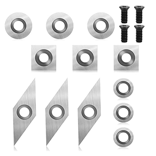 12PCS Plaquettes De Coupe En Carbure De Tungstène pour Outils De Tournage à Tour à Bois,Comprenant 11mm Carré avec Rayon,8.9mm und 12mm Rond,un Diamant de 30x10mm avec Une Pointe Acérée,avec 4 vis M4