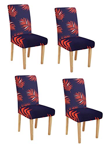 Image of Cortina Dining Chair Slipcovers | Anti Slip Chair Cover | Leaf Print, Removable & Easy Wash | Universal Fit Soft Stretchy Polyester Spandex | Living Room, Kitchen, Hall | Pack of 4, Navy