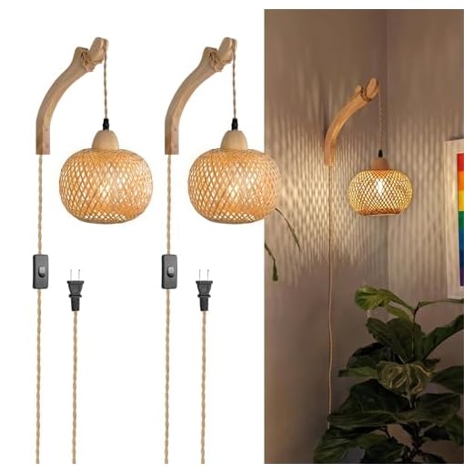 Frideko Bamboo Wall Sconces Set of Two Plug in, Boho Wall Lamp with Plug in Cord, Farmhouse Light Fixtures with 9.84FT On/Off Switch Cord, Rattan Sconces Lighting for Bedroom Living Room