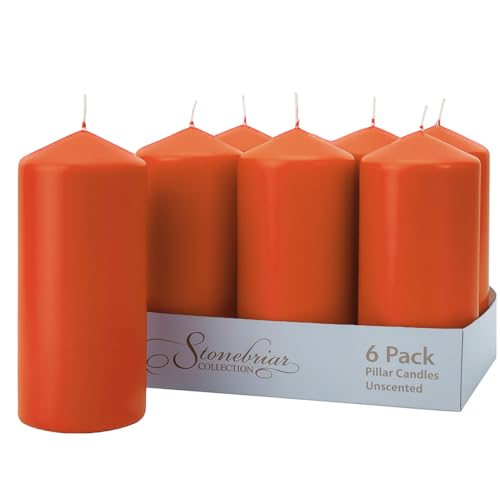 Image of Stonebriar Unscented Pillar Candles - 80 Hour Burn Time, Long-Lasting Wax Candles for Weddings, Holidays, Home Decor & Special Events, Pack of 6, Orange, 3 inch x 8 inch