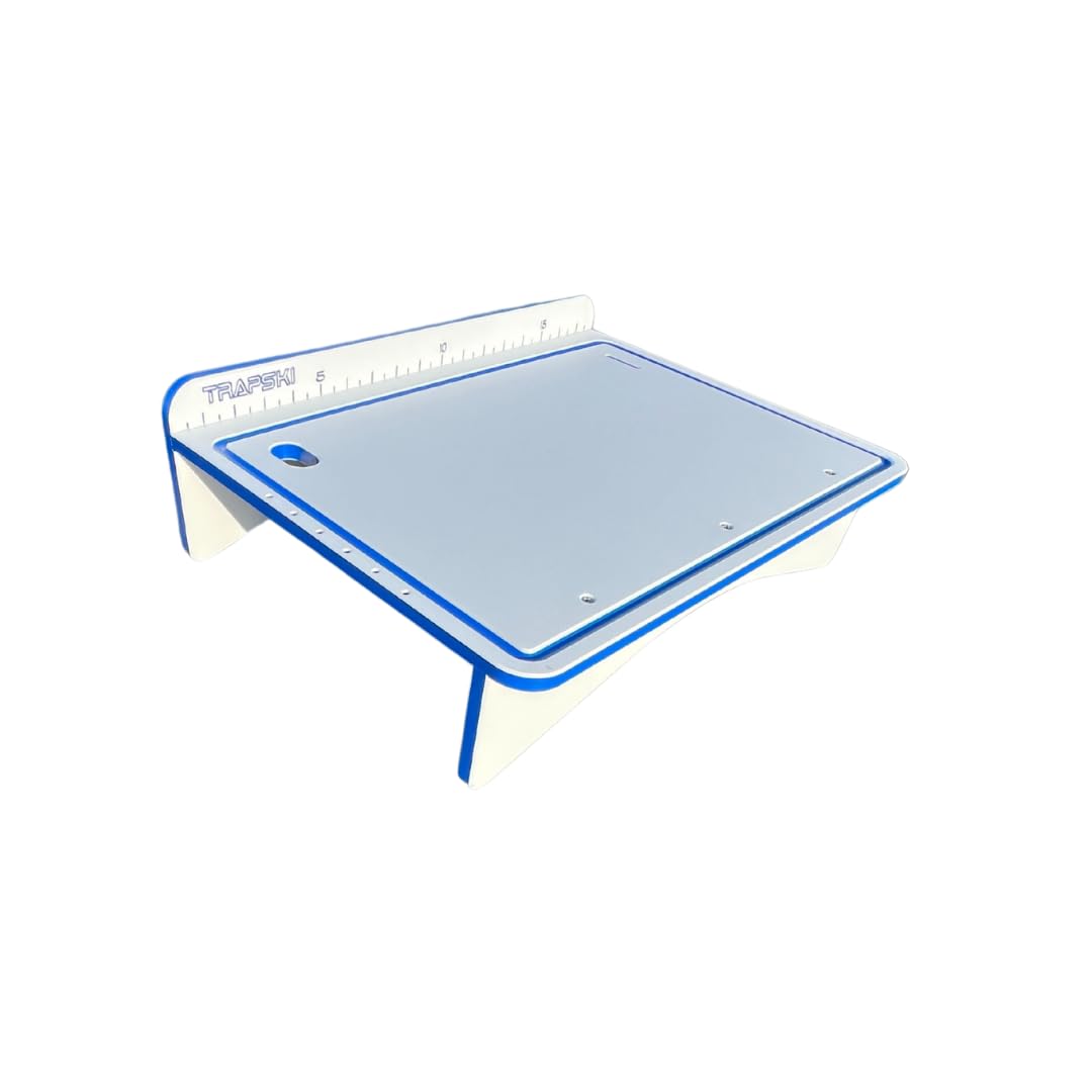 TRAPSKI Made in the USA | Common or Premium Bucket Raised Fillet Cutting Board Table | 1/2 inch Thick HDPE UV Protected | Non-Skid or Mark Rubber Feet (White/Blue, 18