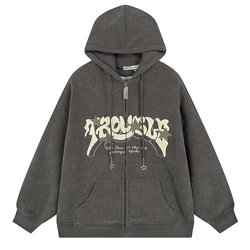 Aobiono Women Men Y2K Star Zip Up Jacket Oversized Hoodie Vintage Fleece Japanese Harajuku Emo Grunge Baggy Hooded Sweatshirt