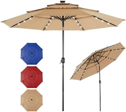 SMUG 10FT 3-Tier Solar Patio Umbrella with 32 LED Lights, Outdoor Umbrellas with Push Button Tilt and Crank, Tilting Table Umbrella with 8 Sturdy Ribs for Market, Beach, Pool, Garden, Deck, Backyard, Terrace, Restaurant, UV Protection, Khaki