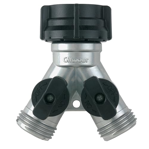 Gilmour Heavy Duty 2 Way Garden Hose Splitter, Dual Water Hose Splitter with Shut Off Valve, Metal Water Manifold