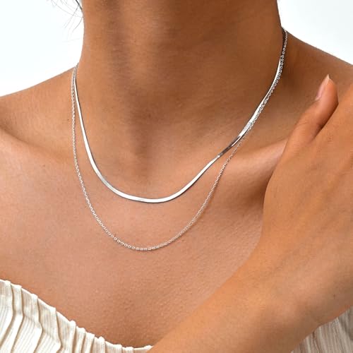 S925 Sterling Silver Layered Chain Necklaces for Women - 18K White Gold Plated Dainty Herringbone Necklace Trendy Stacked Jewelry, Hypoallergenic Gift for Birthday Anniversary Mother's Day4