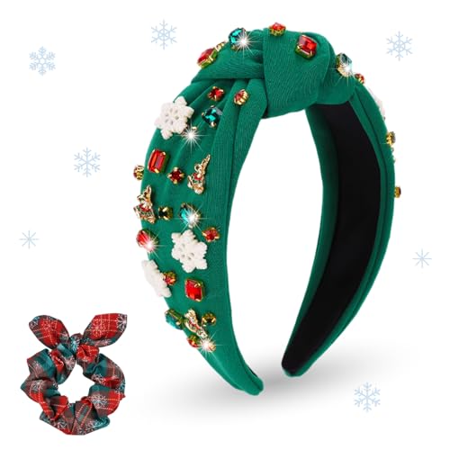 CTZENWAY 女性用クリスマス結び目付きヘッドバンド スノーフレークベル ラインストーン ワイドノットヘッドバンド バニーイヤーシュシュ付き クリスタルジュエルトップノット装飾ヘッドバンド クリスマス 誕生日ギフト - グリーン