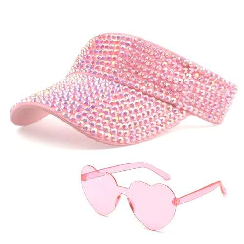 Sparkling Rhinestone Visor Hat for Women Adjustable Sun Visor with Heart Party Sunglasses Perfect for Golf Disco and Cowgirl Style (Pink)