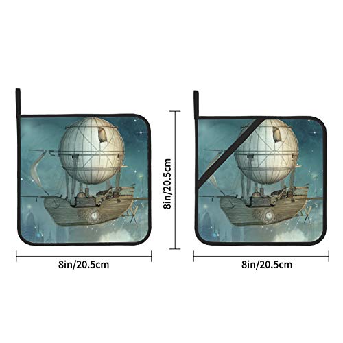 Funny 3D Steampunk Hot Air Balloon Kitchen Towels And Pot Holder Sets Heat Resistant Pot Holder With Pocket 2 Pcs Kitchen Sets 8×8 Inch For Cooking And Baking #TOP2