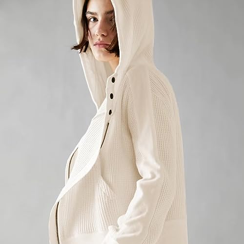 Womens Y2K Waffle Knit Hooded Sweater Thermal Sweatshirt Ribbed Cuffs Pockets Button Details Casual Outerwear3
