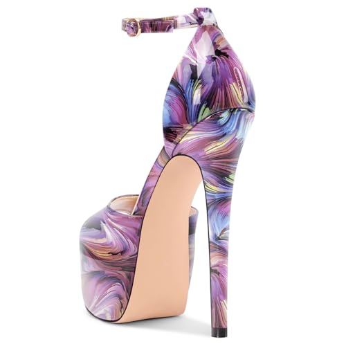 Image of TNYNFBEB Womens Stiletto High Platform Heel Peep Open Toe Sandals Ankle Strap Buckle Prom Party Dress Patent Leather 6.1 Inches Heels