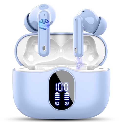 Wireless Earbuds, Bluetooth 5.4 Headphones In Ear with 4 ENC Mic, New Wireless Earphones Noise Cancelling Deep Bass, LED Display, Bluetooth Earbuds 36H Playtime, IP7 Waterproof Ear buds, USB-C, Purple