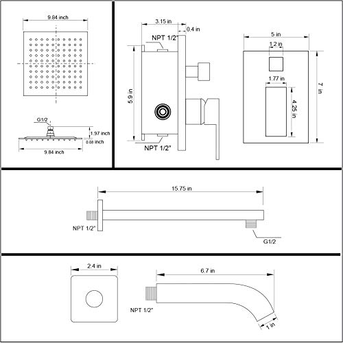 POP 10 Inch Black Shower Faucet Set with Tub Spout Bathroom Luxury Rain Mixer Shower System Wall Mounted Rainfall Shower Combo Set, Single Function Tub and Shower Trim Kit with Rough-in Valve - Thumbnail 2