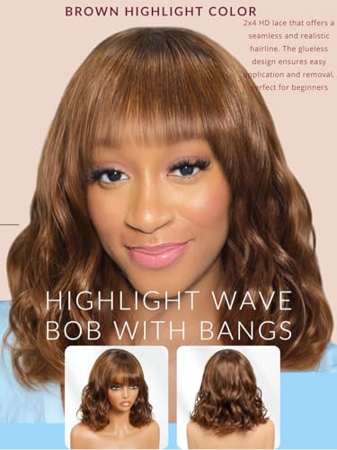Image of Beauty Forever Bob Wig Human Hair with Bangs Loose Body Wave Glueless 4x2 HD Lace Chestnut Chocolate Brown with Highlight Pre Plucked Bob Wear and Go Short Wigs Beginner Friendly 150% Density 10inch
