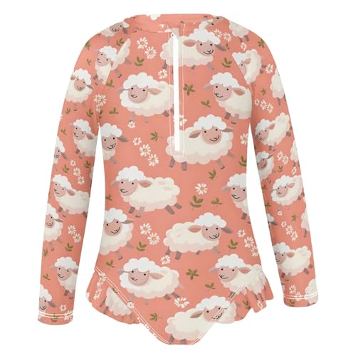 Sheep and Flower Girls Long Sleeve Swimsuit Rash Guard One Piece Bathing Suits Zipper 3-12T2