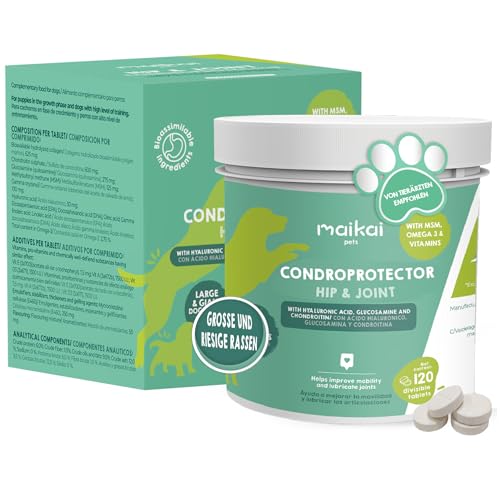 MAIKAI Gelenktabletten für Hunde Große und Riesige – 120 Tabletten Gelenk Entzündungshemmend Hochdosiertes Glucosamin Chondroitin MSM + Hyaluronsäure für Maximale Gelenkgesundheit