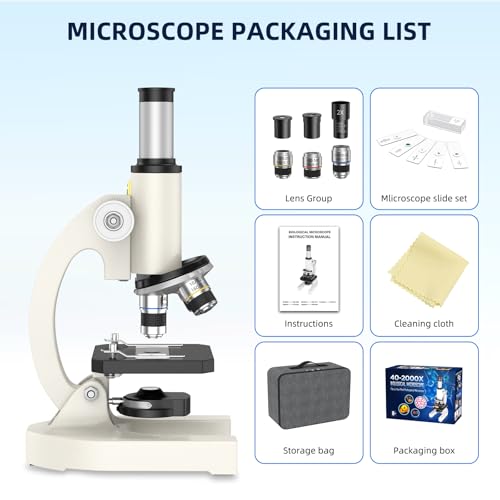 HUTACT Mikroskop für Kinder Erwachsene Anfänger: 40-2000X Compound Biologie Mikroskop mit Slide Kit und Aufbewahrungskoffer - für Science Explore Education