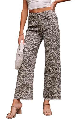 TinyCribz Women's High Waist Brown Leopard Frayed Edge Wide Leg